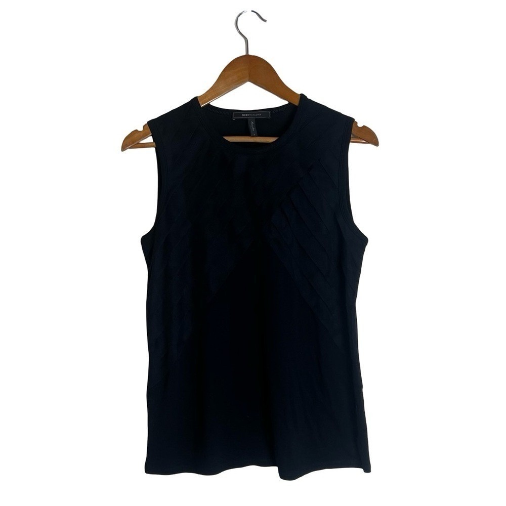 BCBGMAXAZRIA Kourtney Black‎ Sleeveless Mesh Pleated Knit Top WCJ1S764-001 Small
